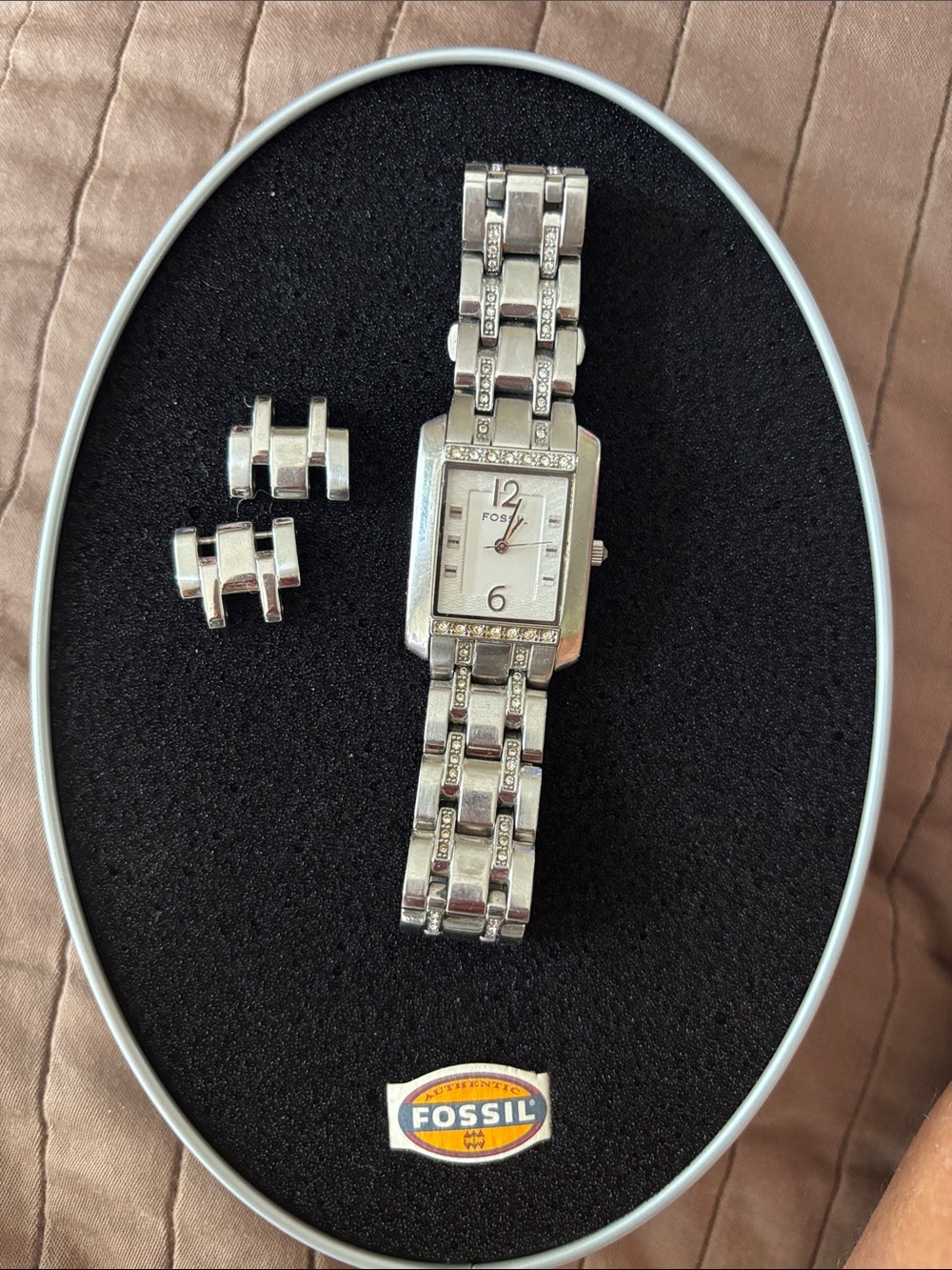 Fossil Wimen’s Silver Rectangular Crystal-Accent Link Watch